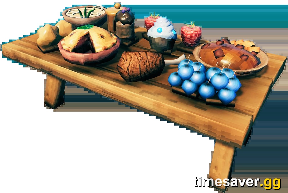 An in-game Valheim table laden with cooked food — pies, a cupcake, blueberries, a ham and honey