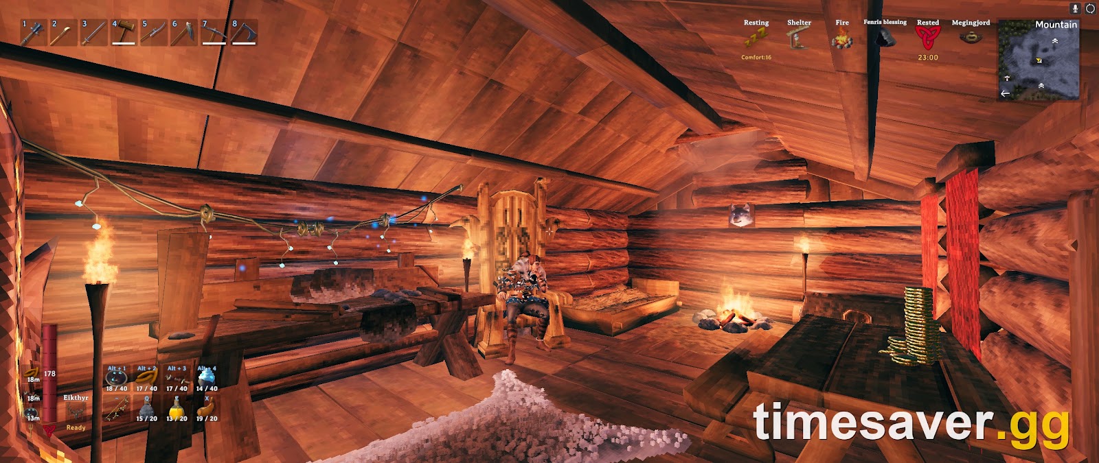 A Valheim player sitting on a Raven Throne in a log cabin, with the HUD showing Comfort 16 and a Rested timer of 23 minutes
