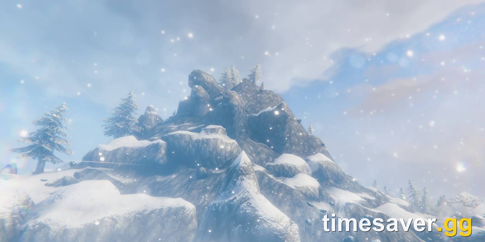 A snow-covered Valheim Mountain biome under heavy snowfall with frosted conifers and misty peaks, the harsh cold terrain that borders the far-north Deep North biome arriving with the September 9 2026 1.0 launch