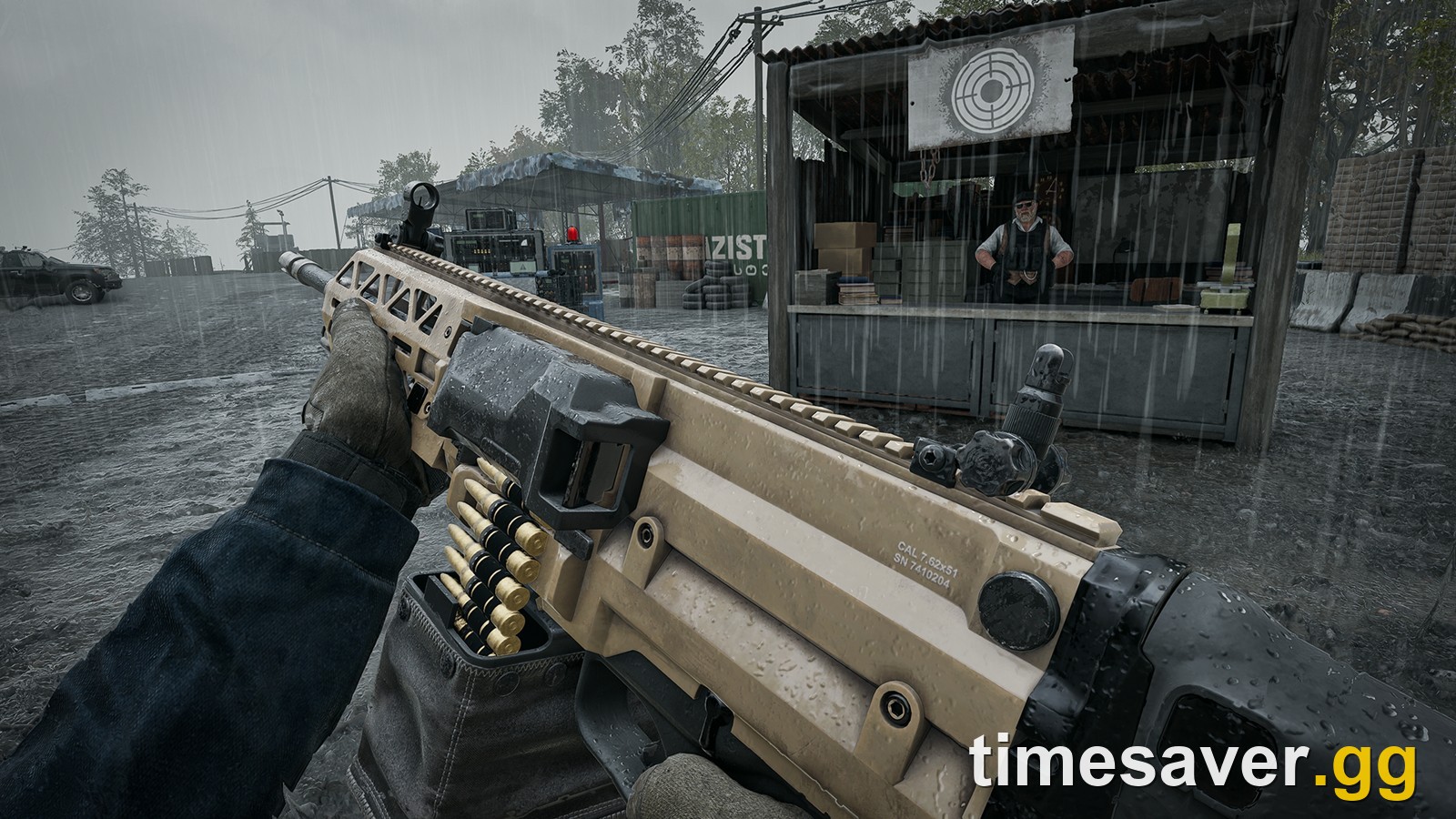 WARDOGS first-person view holding a belt-fed machine gun in front of an in-match vendor during Season 2 rain