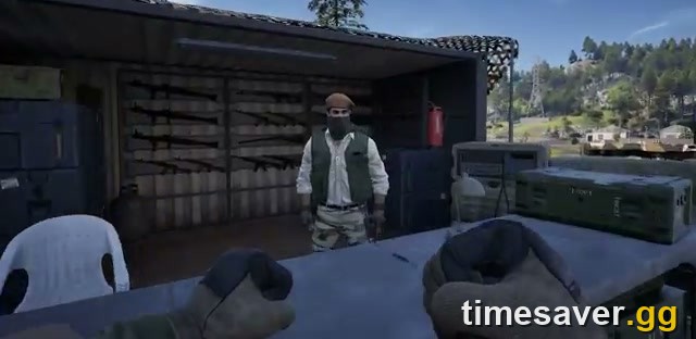 WARDOGS first-person view at an in-match weapons vendor, facing a masked trader with guns and equipment crates