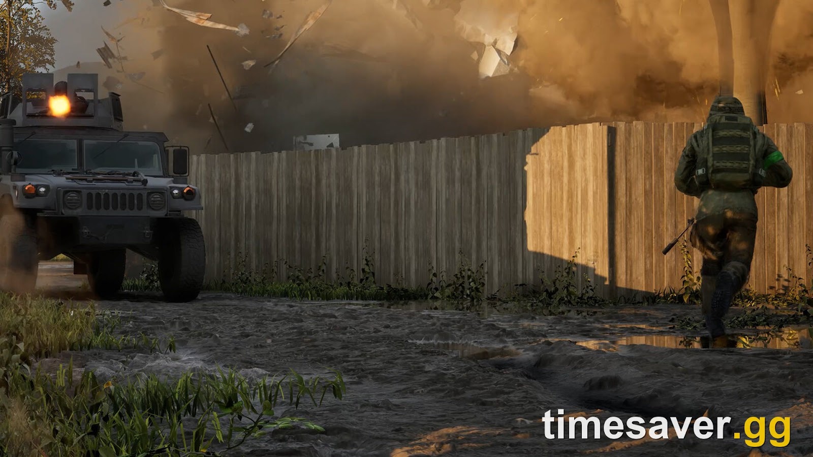 WARDOGS armored vehicle firing in a Control Zone firefight as a building explodes behind a soldier