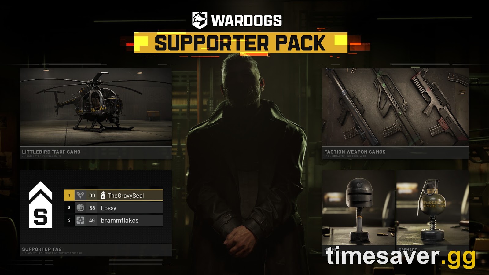 WARDOGS Supporter Pack cosmetics board showing the Littlebird Taxi camo, faction weapon camos, a scoreboard Supporter Tag and two bobbleheads