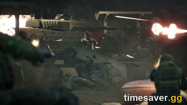 A large armored vehicle dominating a WARDOGS firefight with troops, tracer fire and explosions