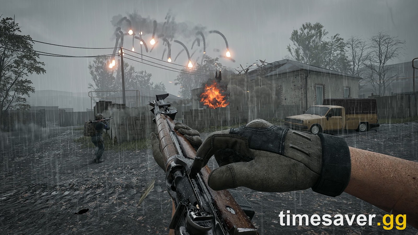 WARDOGS firefight in the Season 2 rain preset with an artillery barrage falling over a Kolchia outpost