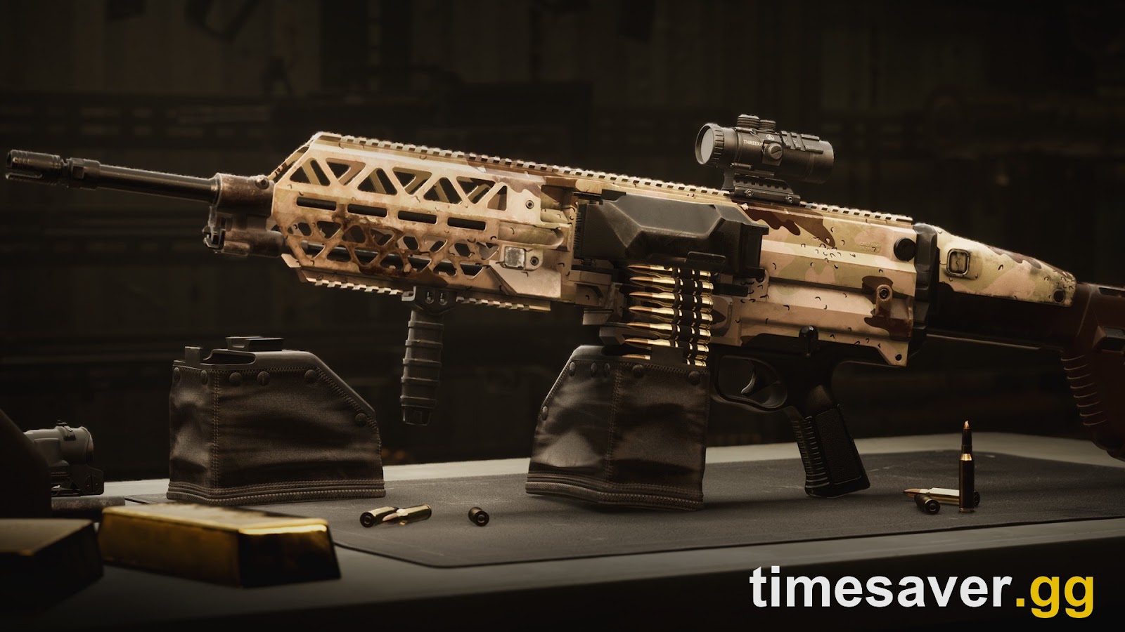 WARDOGS Evo-3 Ultra light machine gun in Chocolate Chip camo with a belt box, from BULKHEAD's official Season 02 patch notes art
