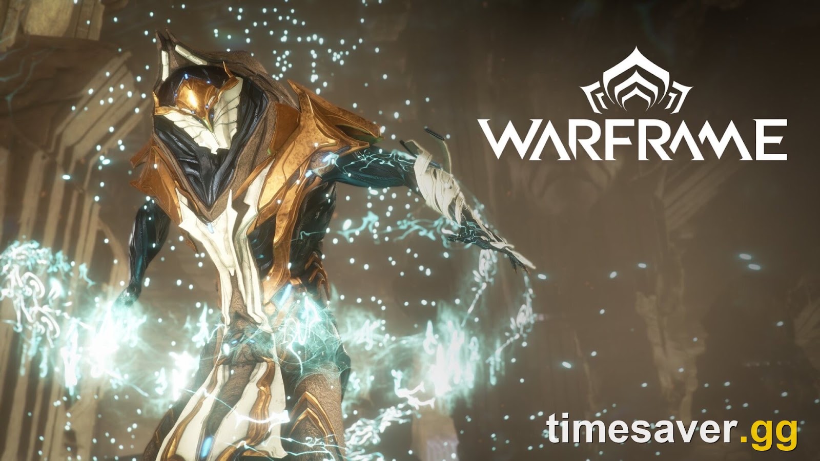 Dante, Warframe's gold-robed scribe frame, casting glowing Voidtongue script in an official Warframe promotional image