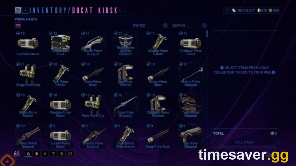 The Orokin Ducat kiosk in a Warframe relay, showing Prime parts and their fixed Ducat values ready to sell