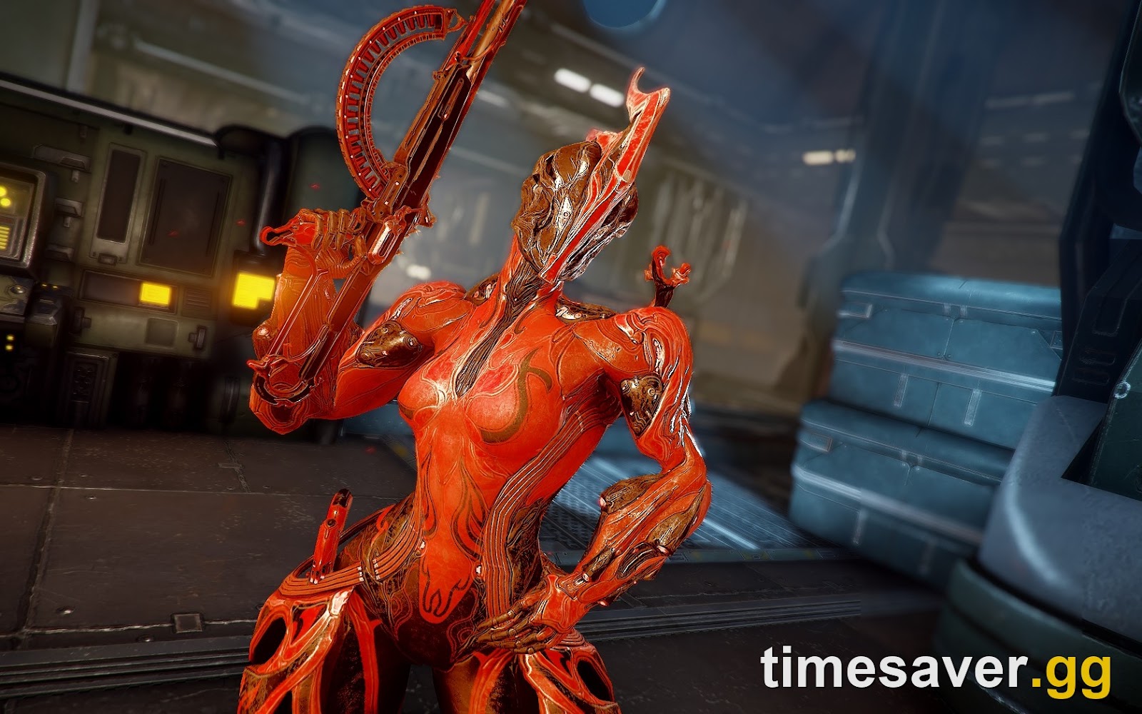 Ember, the fire Warframe, posed aboard an Orbiter
