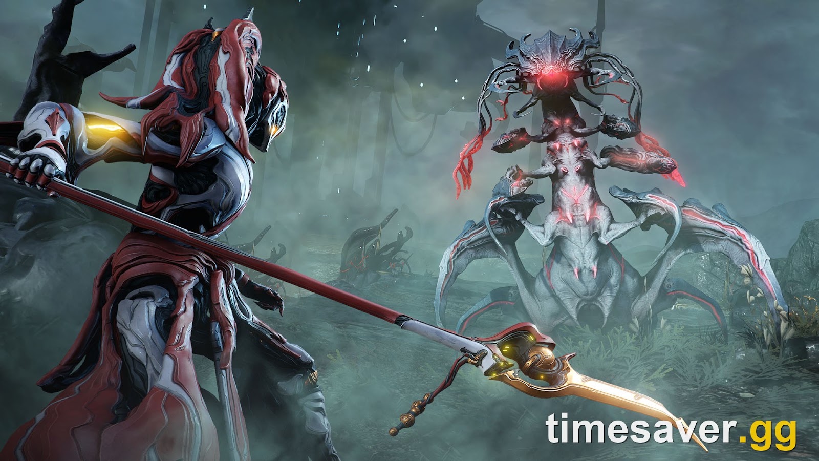 Koumei wielding the Amanata polearm against the Infested Oni in official Koumei & the Five Fates key art
