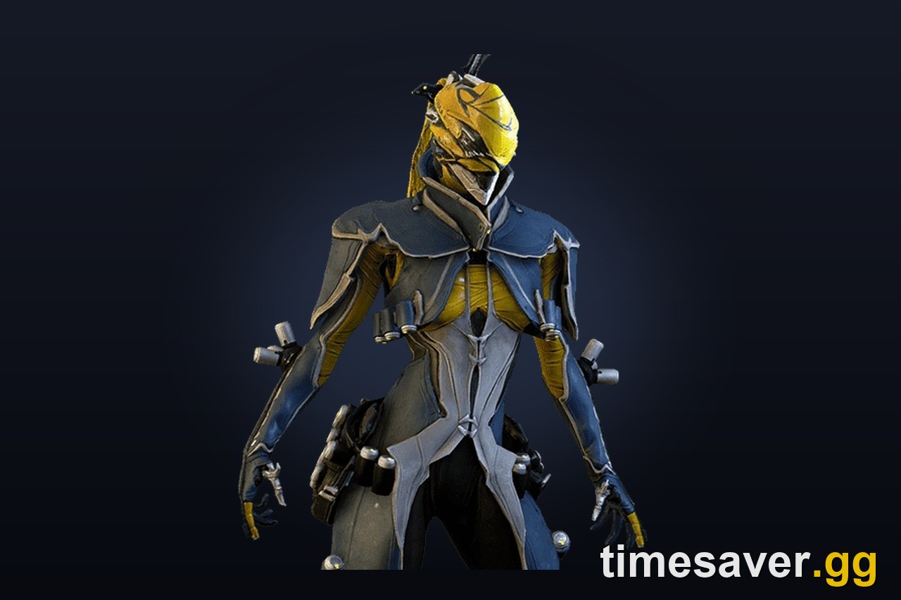 Mesa, the gunslinger Warframe, in her default yellow and blue configuration