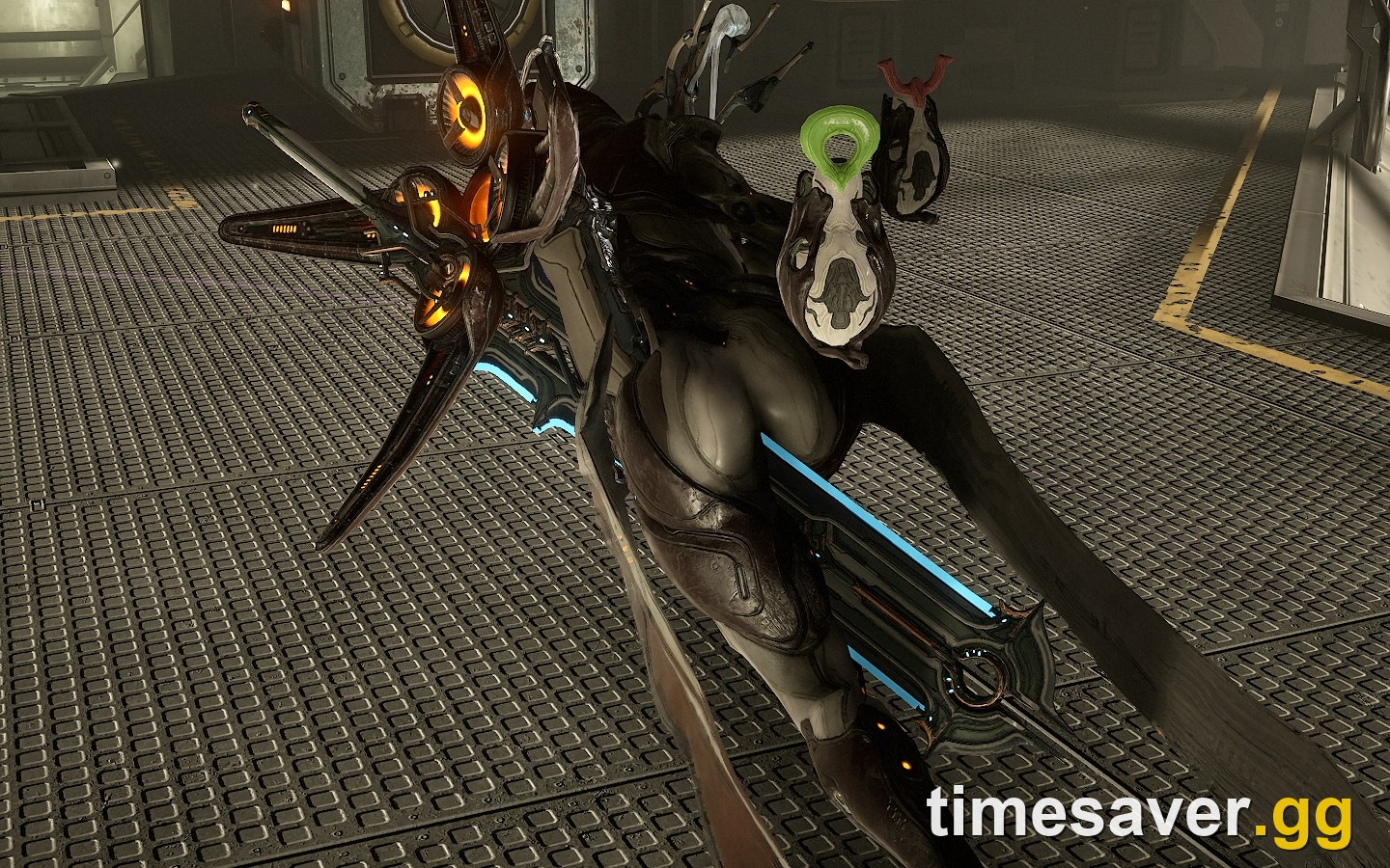 A Warframe Tenno holding a primary bow weapon on a Grineer tileset