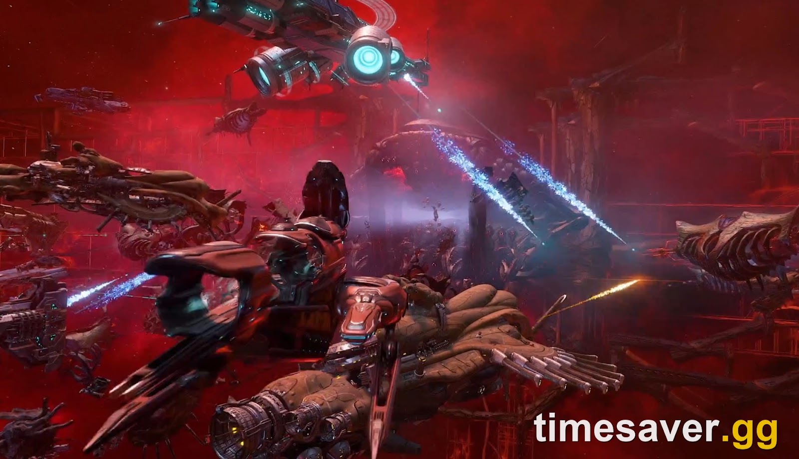 A Warframe Tenno in combat at a high-level tileset, weapons firing in Steel Path