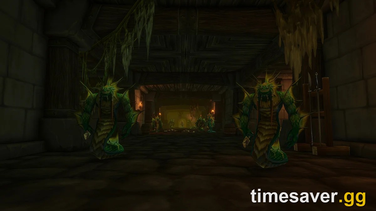 WoW Forever new dungeon interior — torchlit stone corridor with hostile aquatic humanoids