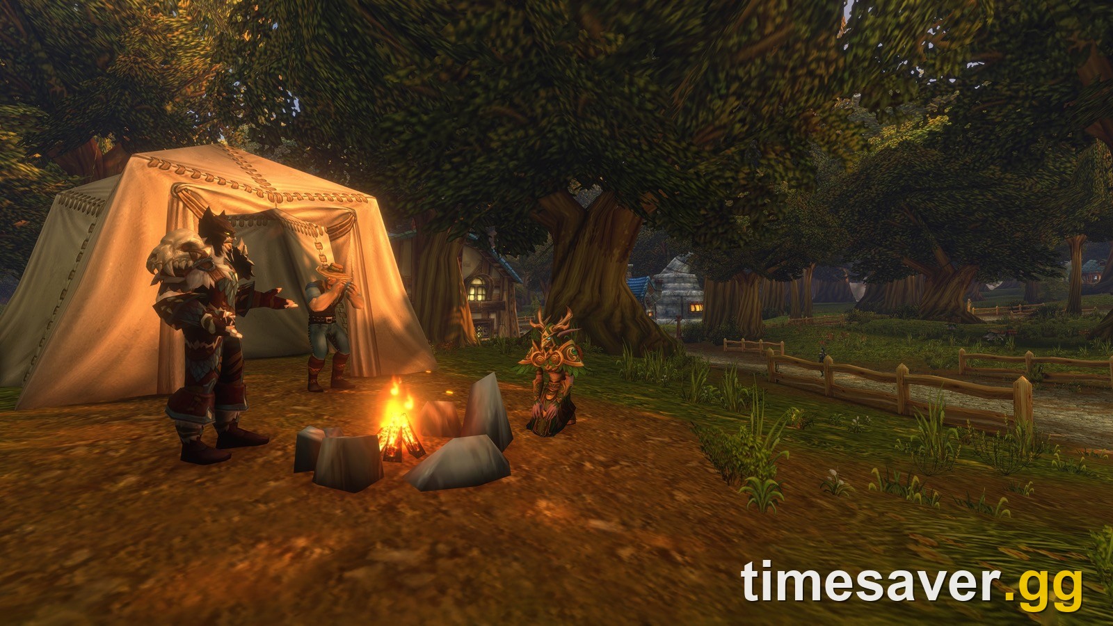 Three adventurers resting at a campfire beside a canvas tent at the edge of a village, official Blizzard artwork for WoW Forever's Camping system