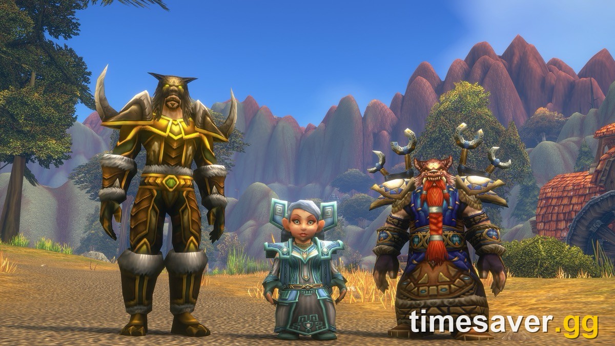 A Tauren, a Gnome and a Dwarf adventurer standing together in World of Warcraft Forever, official Blizzard artwork