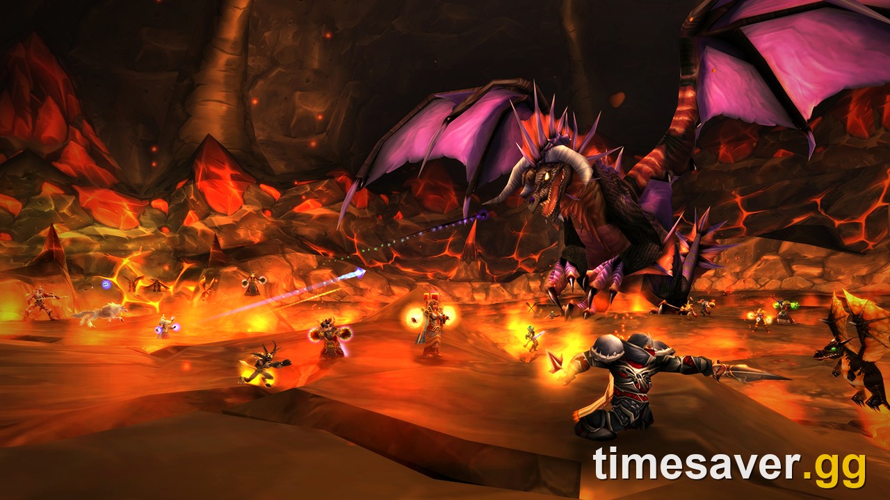 World of Warcraft Forever raid group fighting the Onyxia dragon boss as raid-wide buffs cover the raid