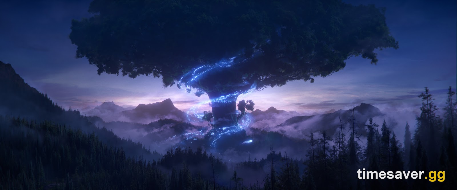 The World Tree of Azeroth rising over a misty forest at dawn in World of Warcraft Forever