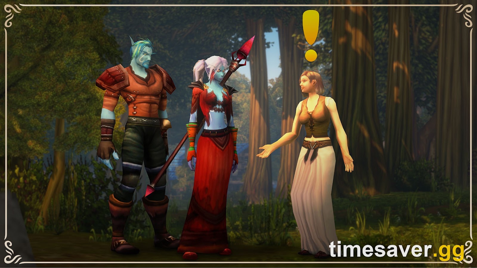 Two adventurers meeting a quest giver in a forest in World of Warcraft Forever, official Blizzard artwork