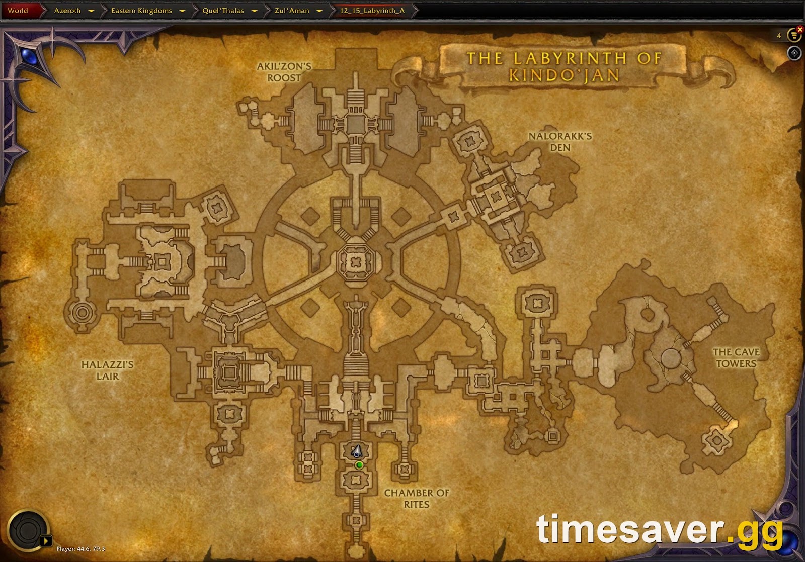 In-game map of the Labyrinth of Kindo'jan in WoW Midnight patch 12.1.5, showing its nine chambers